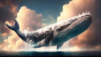 Mythical whale flies high in the sky. Generated image. Dreamlike whale flies in the sky