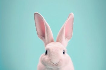 White bunny rabbit head on blue pastel background, Happy easter holiday concept
