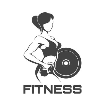 Fitness club logo or emblem with woman silhouette. Woman holds dumbbells. Isolated on white background.