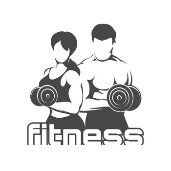 Fitness Logo with Training Bodybuilders. Man and Woman holds Dumbbells Isolated on White