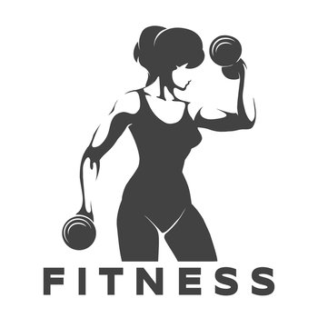 Fitness Emblem with Training Woman Holds Dumbbells isolated on white. Vector illustration.
