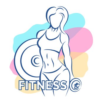 Colored Fitness club logo or emblem with woman outline silhouette. Woman holds dumbbells. Isolated on white background.