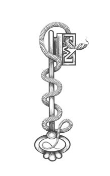 Tattoo of Ancient Esoteric Symbols of Key and Snake Drawn in Engraving Style isolated on white. Vector illustration.