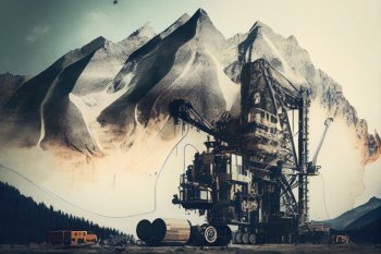 mining equipment and towering mountains in double exposure, created with generative ai. mining equipment and towering mountains in double exposure
