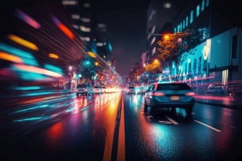 neon night city crossing with speeding cars, blurry and abstract background, created with generative ai. neon night city crossing with speeding cars, blurry and abstract background