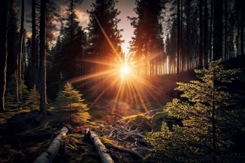 sunrise in forest, with the sun peeking over the horizon, created with generative ai. sunrise in forest, with the sun peeking over the horizon