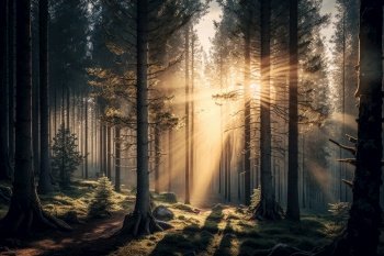 spruce forest at sunrise, with rays of sunlight filtering through the trees, created with generative ai. spruce forest at sunrise, with rays of sunlight filtering through the trees