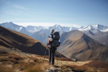 hiker, with view of snow-capped mountain range, wearing backpack and trekking poles, created with generative ai. hiker, with view of snow-capped mountain range, wearing backpack and trekking poles