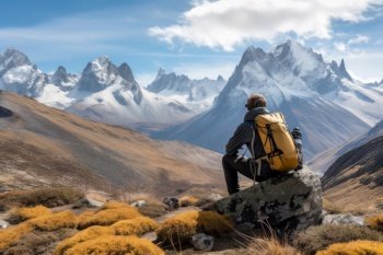 hiker enjoying a rest with view of mountain peaks in the background, created with generative ai. hiker enjoying a rest with view of mountain peaks in the background