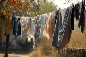 a clothesline sagging with the weight of freshly dried laundry, created with generative ai. a clothesline sagging with the weight of freshly dried laundry