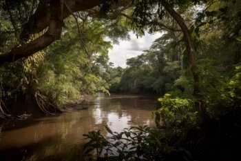 view of amazon river, with the canopy and vines of the rainforest in view, created with generative ai. view of amazon river, with the canopy and vines of the rainforest in view