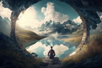 person, meditating with view of beautiful landscape, and feeling the source of consciousness within, created with generative ai. person, meditating with view of beautiful landscape, and feeling the source of consciousness within