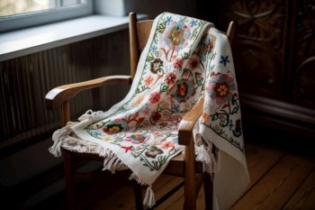 soft blanket with intricate embroidery on a wooden chair, created with generative ai. soft blanket with intricate embroidery on a wooden chair