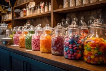 candy shop with jars of colorful candy, tempting customers to indulge, created with generative ai. candy shop with jars of colorful candy, tempting customers to indulge