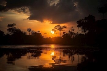 beautiful sunset over the amazonian rainforest, created with generative ai. beautiful sunset over the amazonian rainforest
