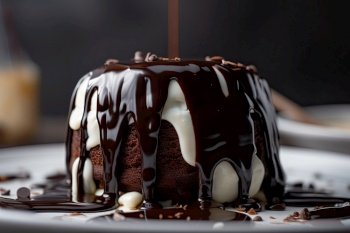 close-up of chocolate sauce drizzled over cake or sundae, created with generative ai. close-up of chocolate sauce drizzled over cake or sundae