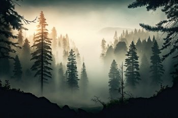 panorama of forest with foggy atmosphere and misty morning light, created with generative ai. panorama of forest with foggy atmosphere and misty morning light