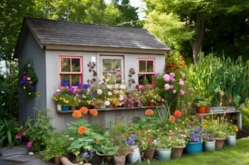 garden shed with window box full of colorful flowers, created with generative ai. garden shed with window box full of colorful flowers