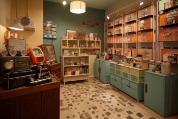 retro-style store, with mix of modern and vintage products on display, created with generative ai. retro-style store, with mix of modern and vintage products on display