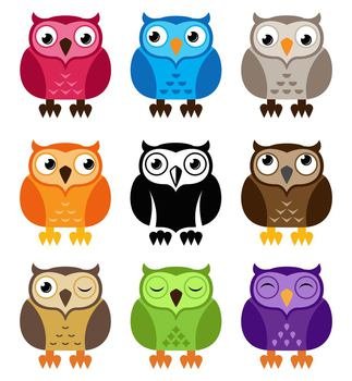vector black and white and colorful owl icons isolated on white background. owl bird logo graphic design, wisdom symbol