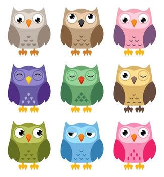 vector colorful owl icons isolated on white background. owl bird logo graphic design, wisdom symbol
