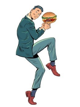Businessman in a funny pose. whopper burger in hands, street food. pop art retro vector illustration kitsch vintage 50s 60s style. Businessman in a funny pose. whopper burger in hands, street food