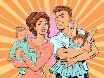 Family mom and dad with children in their arms. pop art retro illustration 50s 60s style. Pop art retro vector illustration kitsch vintage 50s 60s style. Family mom and dad with children in their arms. pop art retro illustration 50s 60s style
