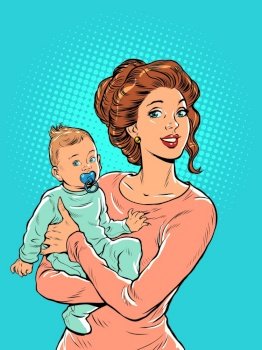 Joyful mother with a child in her arms. Mothers Day. Pop art retro style. Beautiful woman in motherhood. Pop art retro vector illustration kitsch vintage 50s 60s style. Joyful mother with a child in her arms. Mothers Day. Pop art retro style. Beautiful woman in motherhood