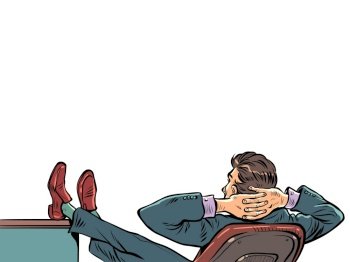 businessman relaxing in office chair, thinking about new tasks, boss at work. Pop art retro vector illustration kitsch vintage 50s 60s style. businessman relaxing in office chair, thinking about new tasks, boss at work