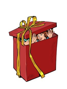 woman wife red gift box christmas or birthday. surprise purchase, holiday sale. pop art retro comic caricature kitsch vintage 50s 60s style. woman wife red gift box christmas or birthday. surprise purchase, holiday sale