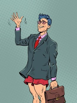 Funny pop art businessman in shorts and suit. morning, collection to the office retro vector illustration 50s 60s style kitsch vintage. Funny pop art businessman in shorts and suit. morning, collection to the office
