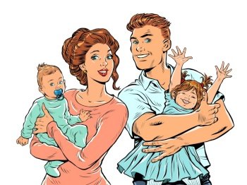 Family mom and dad with children in their arms. pop art retro illustration 50s 60s style. Pop art retro vector illustration kitsch vintage 50s 60s style. Family mom and dad with children in their arms. pop art retro illustration 50s 60s style