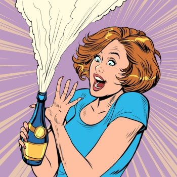 Pop art retro vector illustration 50s 60s vintage kitsch style. Woman opens a bottle of champagne, celebration