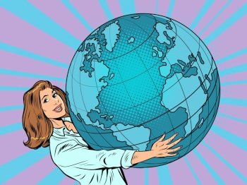 A woman businessman holds the planet earth in her hands science ecology humanity. Pop art retro vector illustration 50s 60s vintage kitsch style. A woman businessman holds the planet earth in her hands science ecology humanity
