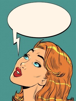 Pop art beautiful woman looks up with surprise. Large face. lady girl retro vector illustration 50s 60s style kitsch vintage. Pop art beautiful woman looks up with surprise. Large face. lady girl