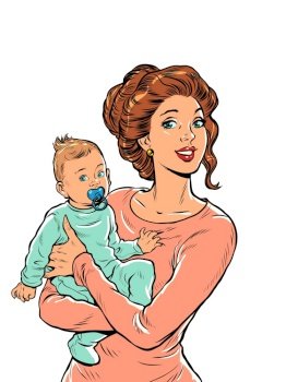 Joyful mother with a child in her arms. Mothers Day. Pop art retro style. Beautiful woman in motherhood. Pop art retro vector illustration kitsch vintage 50s 60s style. Joyful mother with a child in her arms. Mothers Day. Pop art retro style. Beautiful woman in motherhood