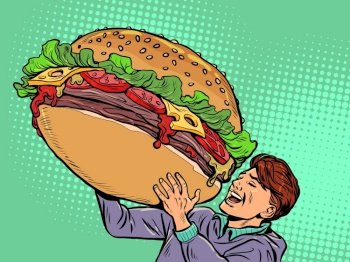 Joyful man and a huge burger. Street food fast food. Hungry man Happiness positive smile. pop art retro comic caricature kitsch vintage 50s 60s style. Joyful man and a huge burger. Street food fast food. Hungry man Happiness positive smile