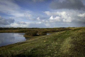 a freshwater lake in the dunes of the island of Texel with marram grass in the foreground and the dunes and sky in the background. the dunes of the island texel with a small pond
