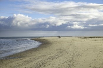 De Koog,Netherlands,06-dec-2022:people walking on thje beach of the island texel ,this island is a wadden island and very touristic during summer. people walking on the beach on texel island