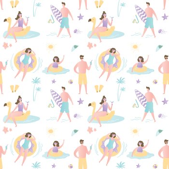 Seamless pattern with various people on beach,men and women in swimsuits in various poses,texture background with funny sexy male and female characters,trendy style vector illustration