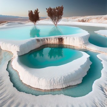 Natural travertine pools and terraces in Pamukkale. Cotton castle in southwestern Turkey. Ai generative. Natural travertine pools and terraces in Pamukkale. Cotton castle in southwestern Turkey
