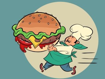 burger and chef man, restaurant fast food street cooking. Comic cartoon pop art retro illustration hand drawing. burger and chef man, restaurant fast food street cooking