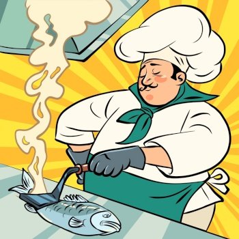Male cook prepares fish, sea restaurant. Product cutting, special dish. Comic cartoon pop art retro illustration hand drawing. Male cook prepares fish, sea restaurant. Product cutting, special dish