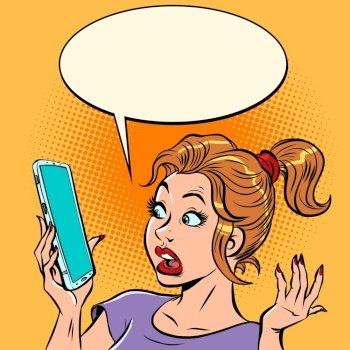 A frightened woman with a smartphone. Bad news, surprise and bewilderment. Comic cartoon pop art retro vector illustration hand drawing. A frightened woman with a smartphone. Bad news, surprise and bewilderment