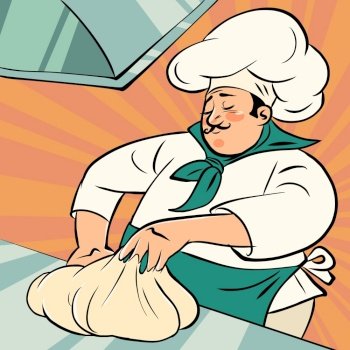 chef man kneading dough, cooking cooking restaurant baking bread product. Comic cartoon pop art retro illustration hand drawing. chef man kneading dough, cooking cooking restaurant baking bread product