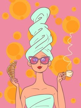 Woman eats breakfast with croissant and coffee. Business woman in the morning after a bath. Comic cartoon retro vintage handmade drawing illustration. Woman eats breakfast with croissant and coffee. Business woman in the morning after a bath