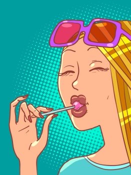A woman with a lollipop. Sweets and cooking, beautiful girl. Comic cartoon pop art retro vector illustration hand drawing. A woman with a lollipop. Sweets and cooking, beautiful girl