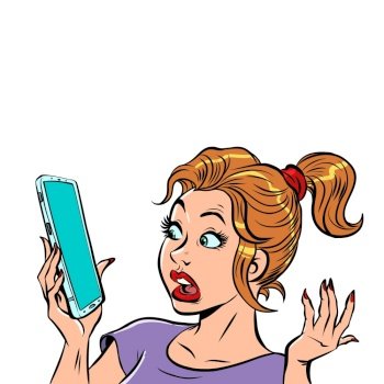 A frightened woman with a smartphone. Bad news, surprise and bewilderment. Comic cartoon pop art retro vector illustration hand drawing. A frightened woman with a smartphone. Bad news, surprise and bewilderment