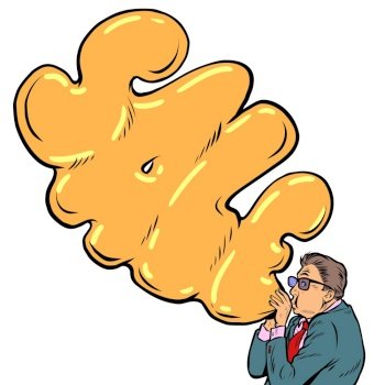 A man in a suit and glasses inflates balloons with the inscription SALE. Promotion of upcoming promotions among goods and services. Comic cartoon pop art retro vector illustration hand drawing. A man in a suit and glasses inflates balloons with the inscription SALE. Promotion of upcoming promotions among goods and services.