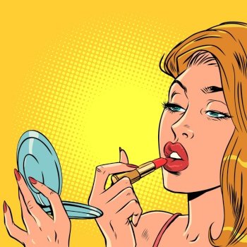 Personal care, hygiene. Beauty requires sacrifice. Attractive girl paints her lips. Comic cartoon pop art retro vector illustration hand drawing. Personal care, hygiene. Beauty requires sacrifice. Attractive girl paints her lips.